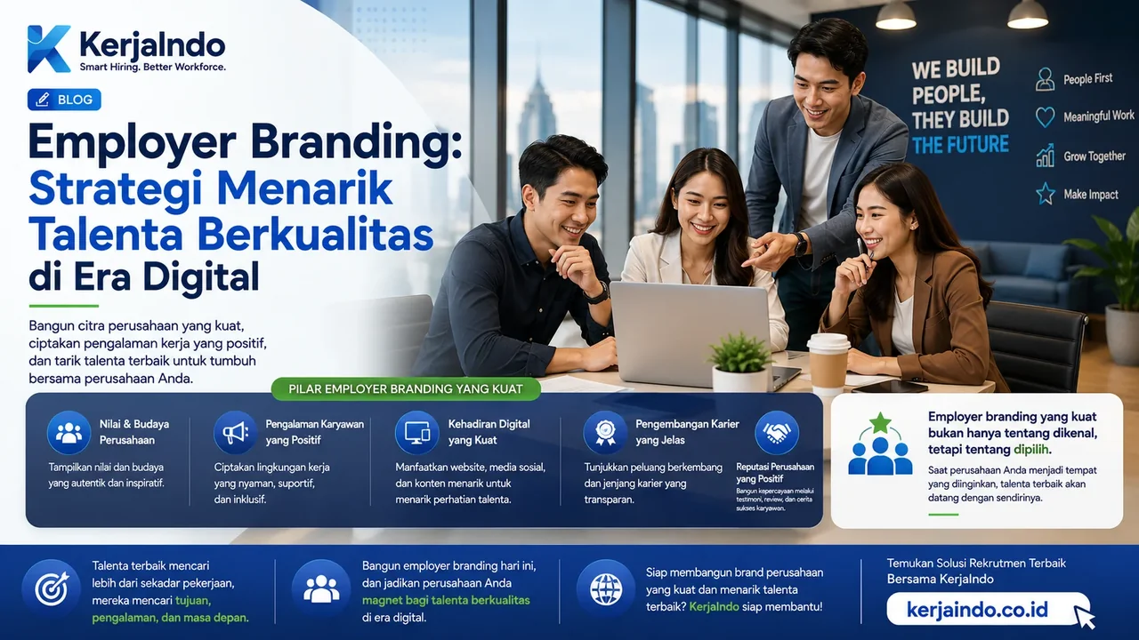 Tim perusahaan berdiskusi di depan laptop dalam ilustrasi employer branding