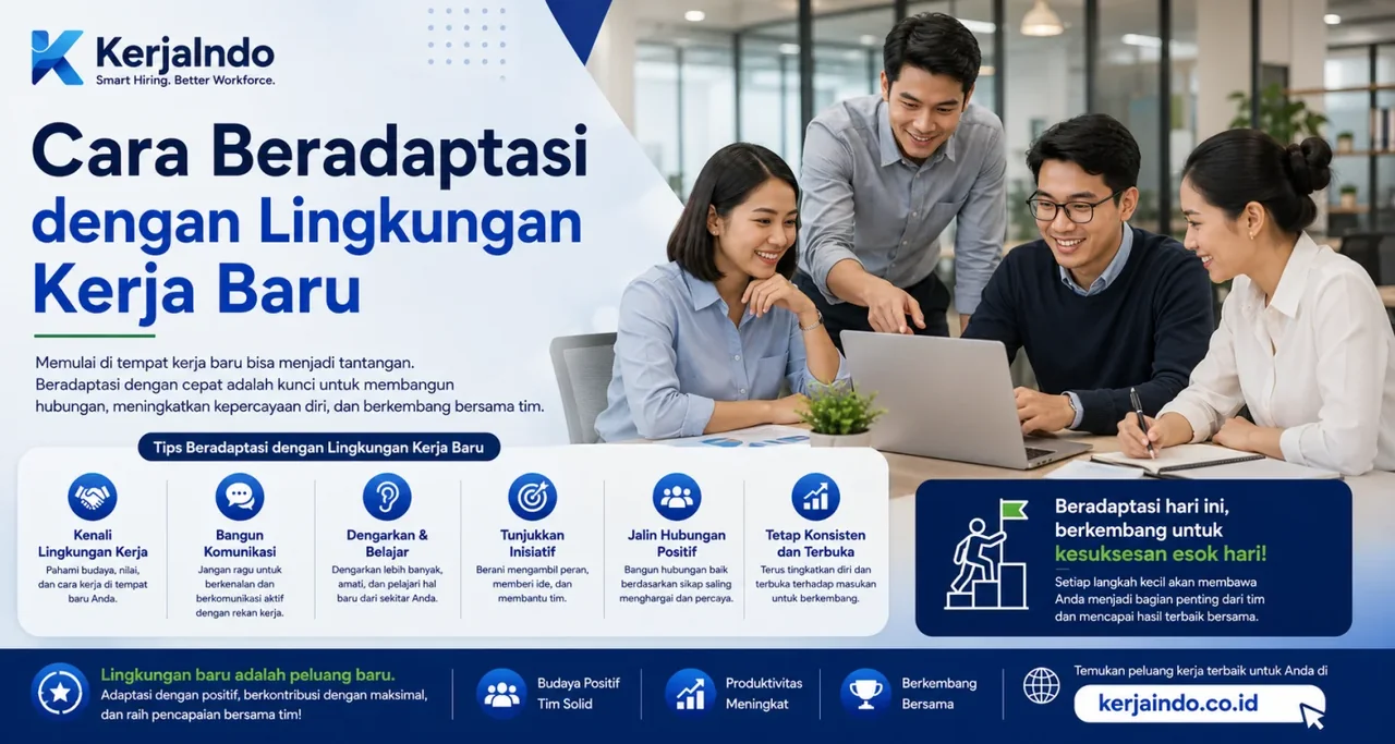 Empat rekan kerja berdiskusi di depan laptop saat beradaptasi di lingkungan kerja baru