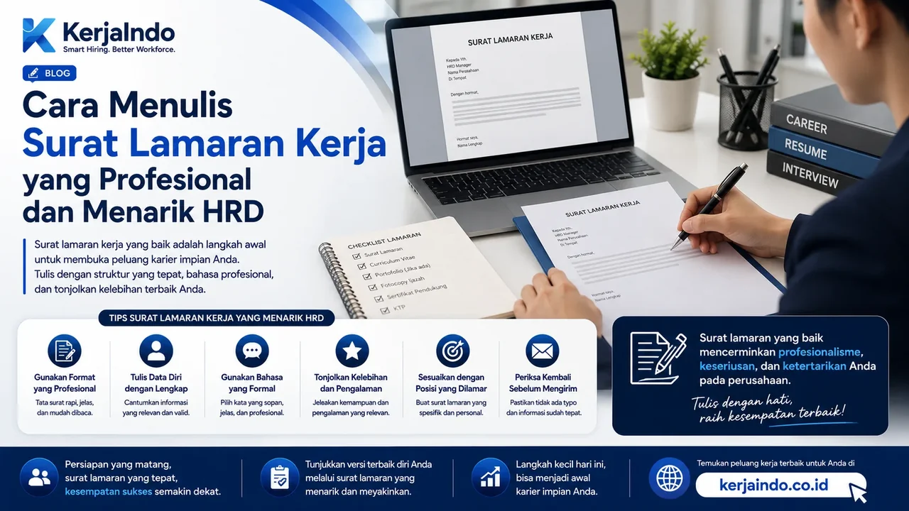 Pencari kerja menulis surat lamaran di samping laptop dan daftar periksa