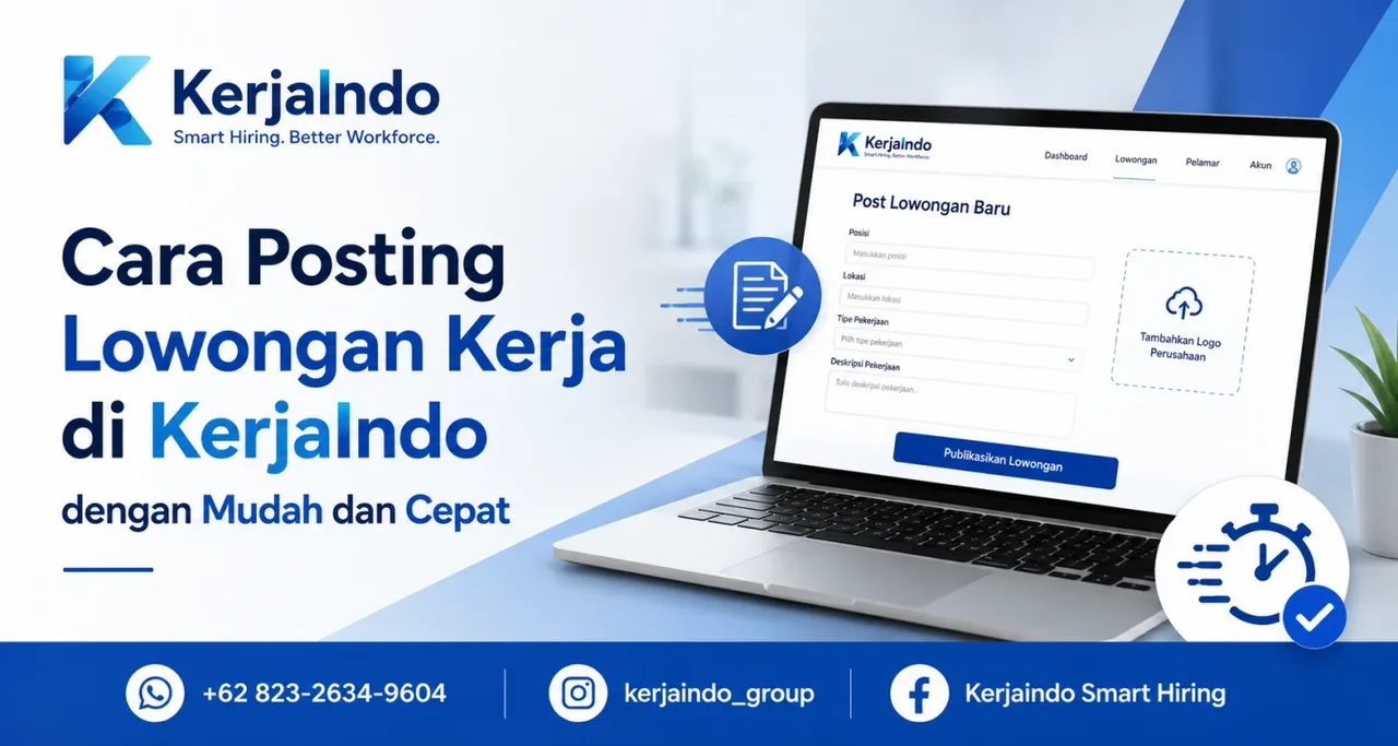 Laptop menampilkan formulir posting lowongan kerja untuk perusahaan di KerjaIndo