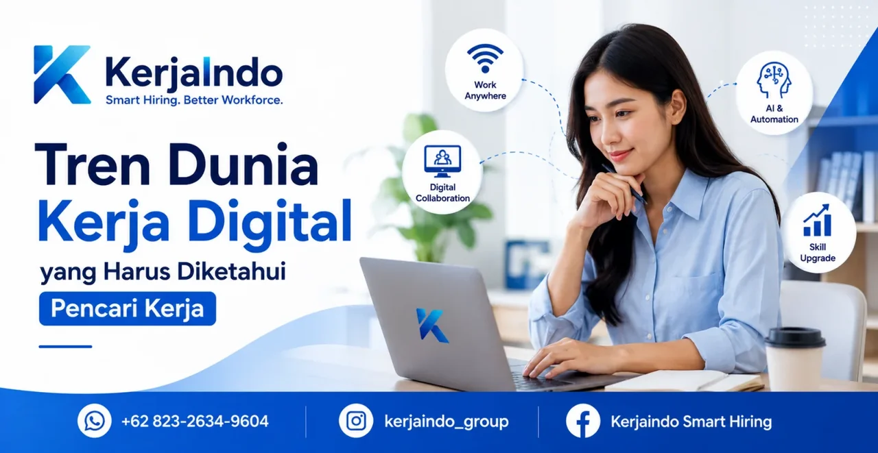 Pencari kerja menggunakan laptop dengan ikon kerja remote, AI, dan kolaborasi digital