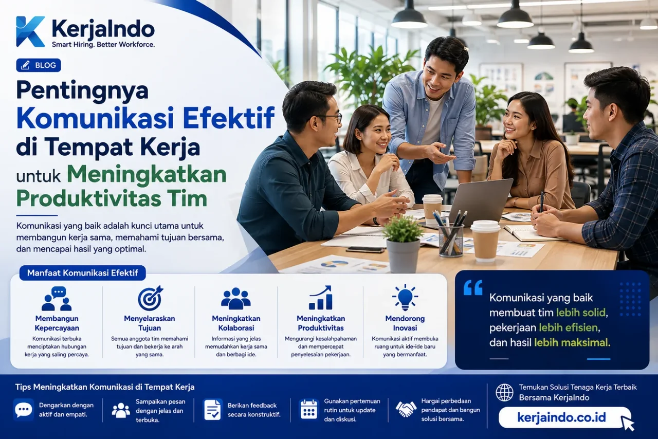 Lima anggota tim berdiskusi dalam ilustrasi komunikasi efektif di tempat kerja