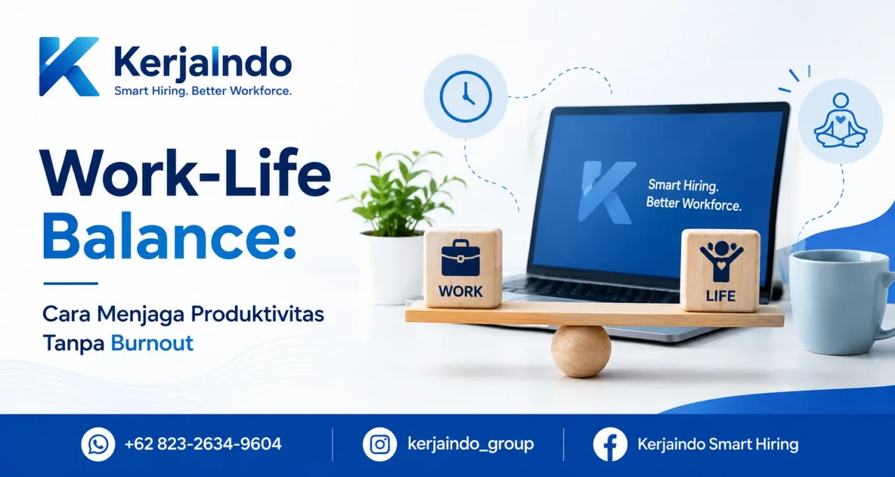 Timbangan work-life balance di samping laptop dan perlengkapan kerja